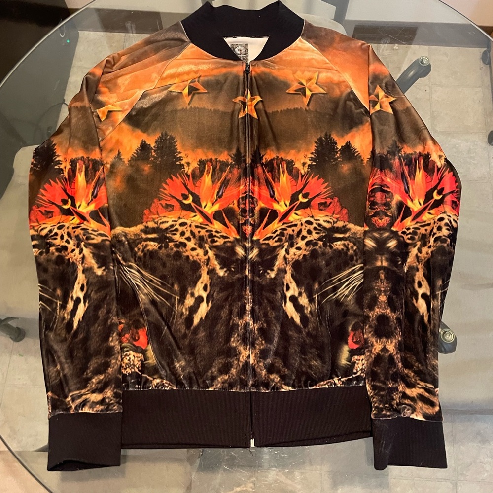 Mens Vintage Large AOP Akademiks Zip Up Velour-Style Jacket Y2K All Over Print